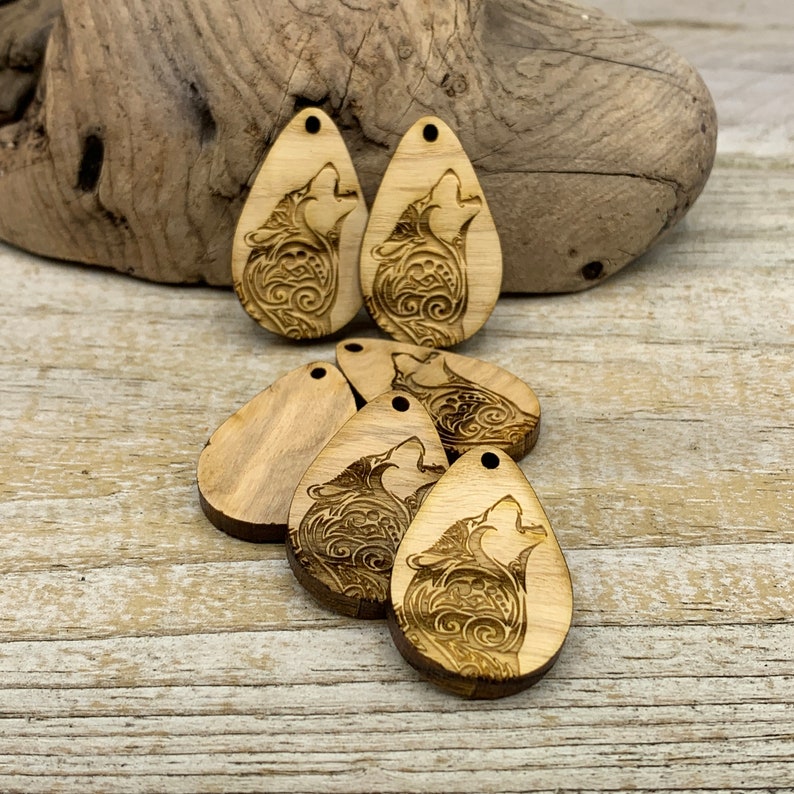 SS145E Howling wolf trees engraved charms in unfinished solid sustainable USA hardwood 1 x 1.45 x 3mm thick image 3