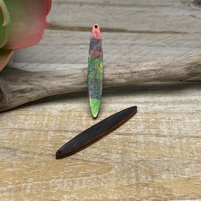 DS-Vintage Style OOAK #2264 Pair of Printed Wood wood charms w stained back 2.25 x 38 18 thick