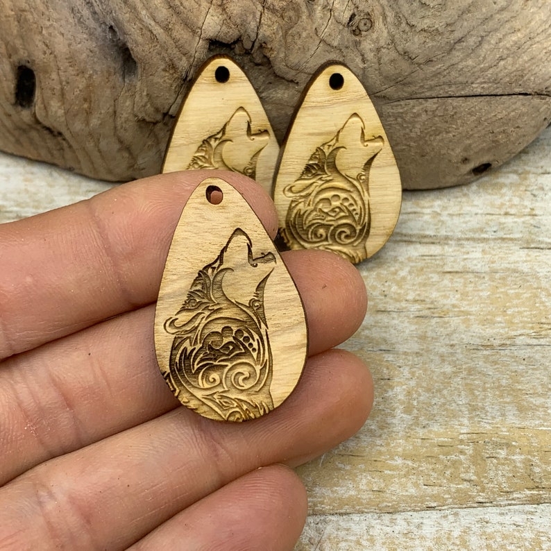 SS145E Howling wolf trees engraved charms in unfinished solid sustainable USA hardwood 1 x 1.45 x 3mm thick image 2