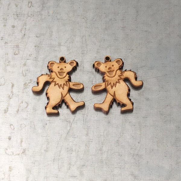 SS047 Dancing Bears engraved charms in unfinished solid sustainable USA  hardwood, deadhead style .75" x 1" x 3mm thick