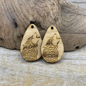 SS145E Howling wolf trees engraved charms in unfinished solid sustainable USA hardwood 1 x 1.45 x 3mm thick image 1