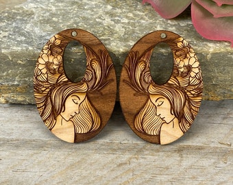 SS400C Oval Cameo Girl w flowers & leaves Hoop in unfinished solid  hardwood engraved charms 2" x 1.5"