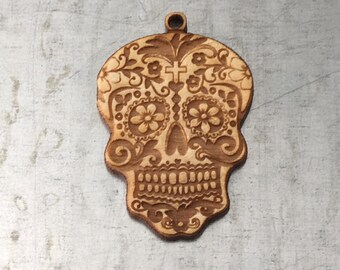 SS036 Sugar skull engraved charms in unfinished solid sustainable USA hardwood engraved charms 1" x 1.5" x 3mm thick