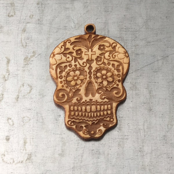 SS036 Sugar skull engraved charms in unfinished solid sustainable USA hardwood engraved charms 1" x 1.5" x 3mm thick