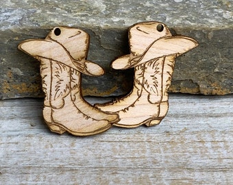 SS168 Cowboy Boots and Hat in unfinished solid  hardwood engraved charms 1.35" x 1.5"