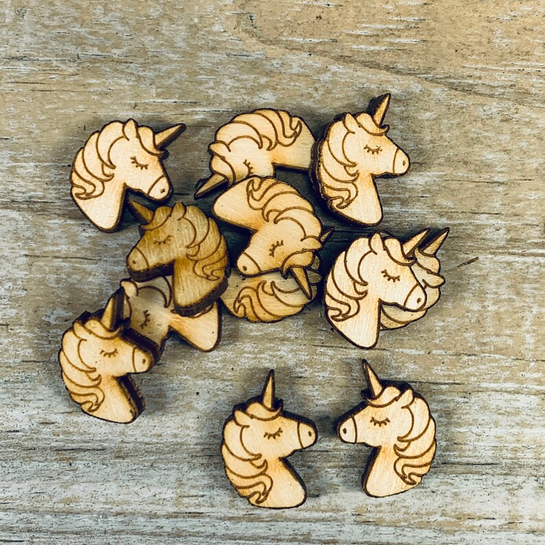 PE013 Unicorn unfinished solid hardwood engraved charms .75 x .5 18thick