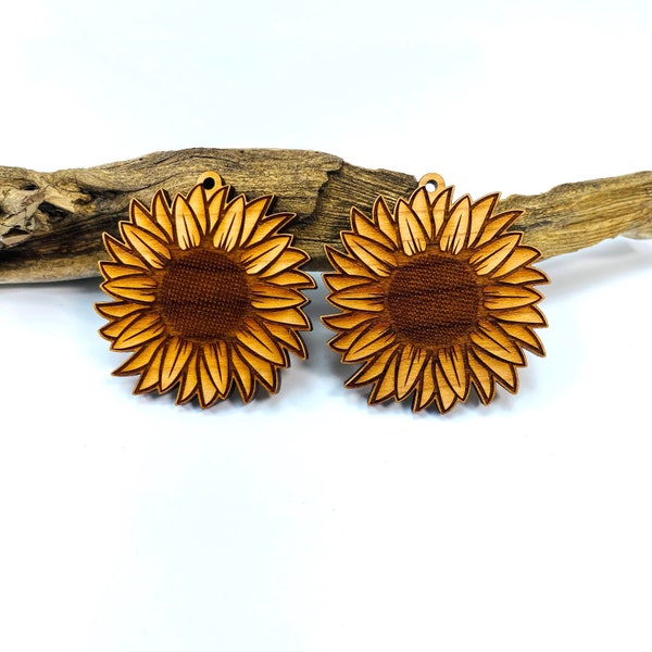 SS440C Detailed Sunflower charms engraved in solid  hardwood 1", 1.25", 1.5" or 1.75"