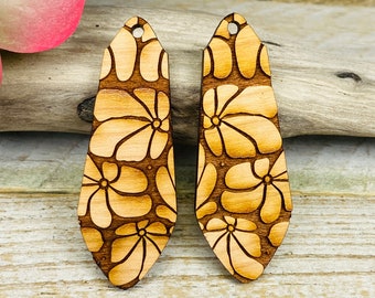 SS435C engraved Fat Necktie teardrop w Mod Flowers in unfinished solid  hardwood charms .75" x 2"