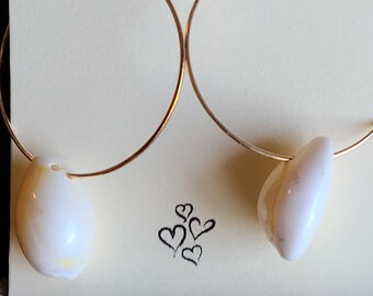 Gold HOOPS with sea shells Earrings dangle style
