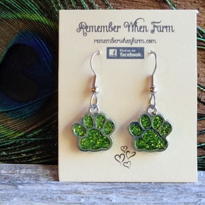 Lime Green Sparkly Paw Print Earrings fish hook dangle style