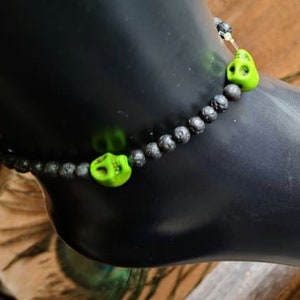 Green Skull & Black Lava Stone Bracelet  for essential oils - One Of A Kind!