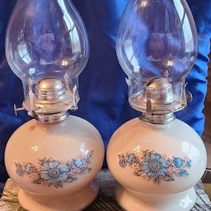 Pair of Vintage Oil Lamps  with blue flowers