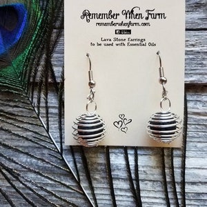 Natural Silver Spiral Cage Lava Rock Stone Earring Essential Oil diffuser fish hook style