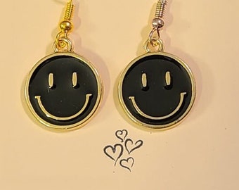 Smiley Face Earrings fish hook dangle style  - black