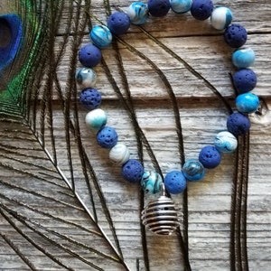 Blue Lava Stone Bracelet with spiral cage charm for essential oils - One Of A Kind!