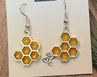 Gold Honeycomb Earrings - fish hook dangle - honey comb