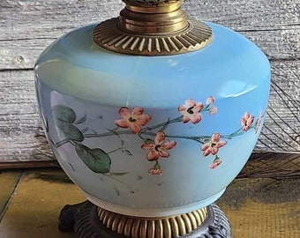 Vintage Antique  Queen Anne Number 2 Oil Lamp Hand Painted Flowers Blue