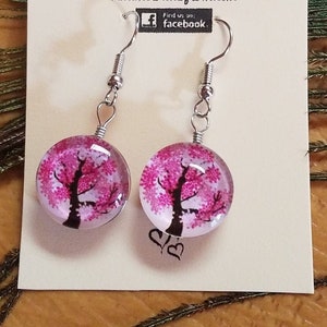 PINK Tree of Life resin dangle Earrings - fish hook style