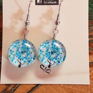 BLUE Tree of Life resin dangle Earrings - fish hook style