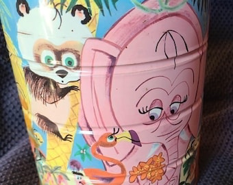 Vintage Antique  Folgers Coffee Can - Jungle print - Pink Elephant