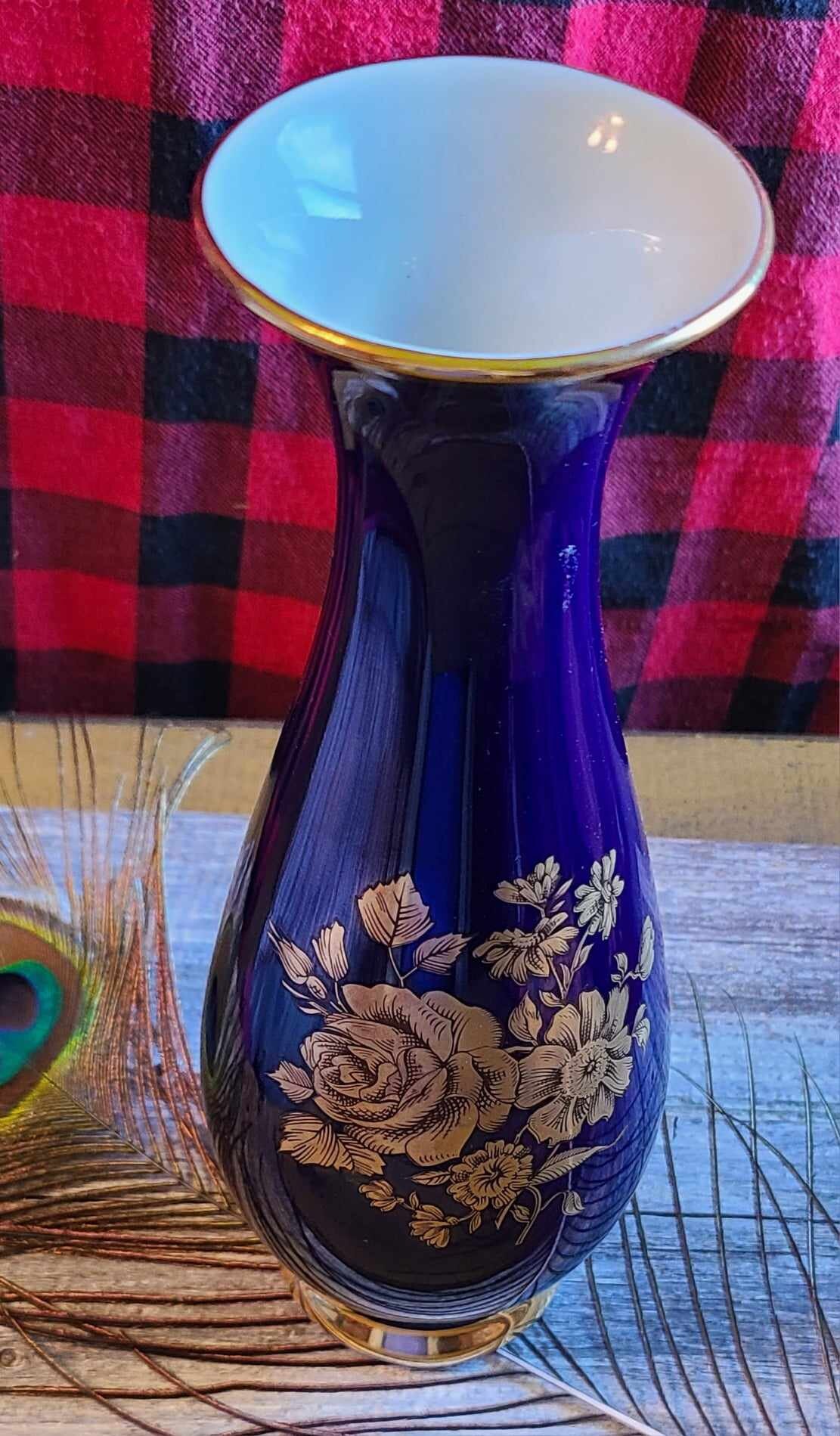 Antique Vintage Royal Porzellan Bavaria Kpm Germany Blue Vase With Gold Flowers and Trim