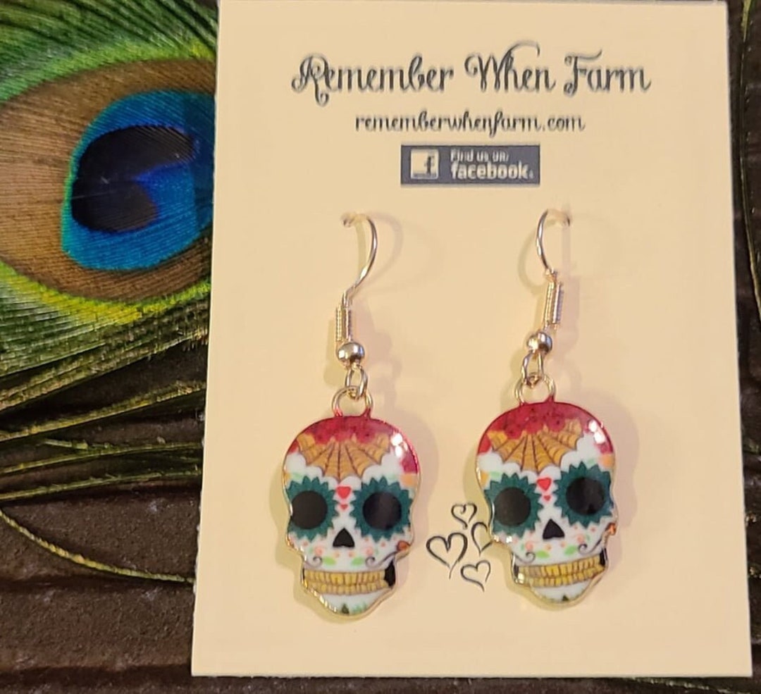 Day of the Dead Sugar Skull Earrings Fish Hook Dangle Style Gold - Etsy