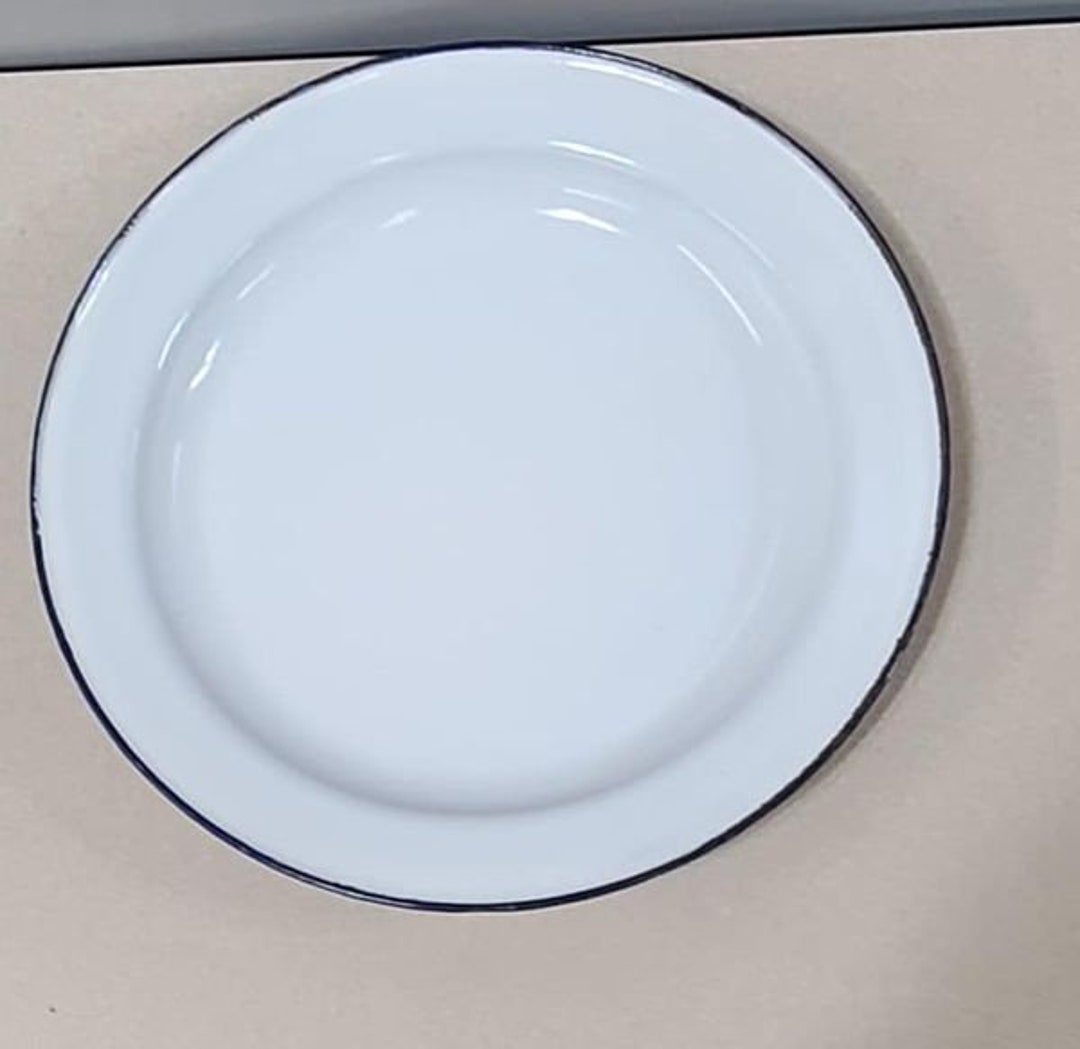 Vintage Enamelware White Plate With Blue Trim Marking on Bottom Etsy