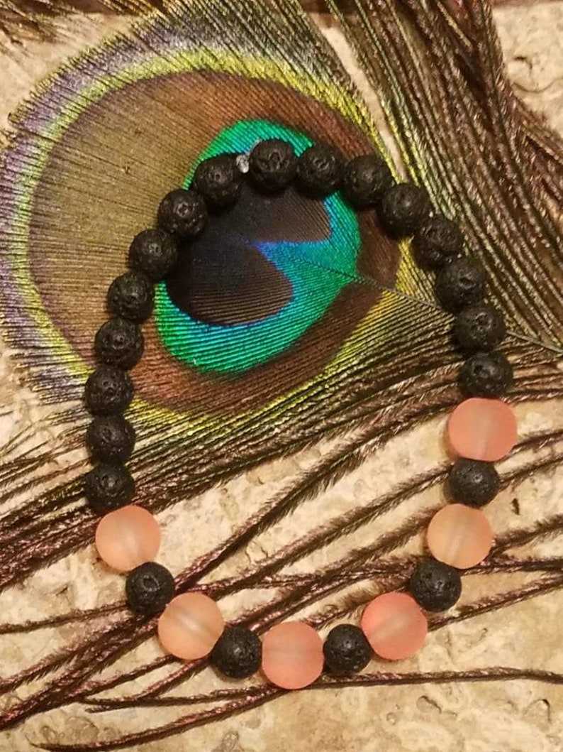 Frosty Orange Bead /& Black Lava Stone Bracelet for essential oils One Of A Kind!