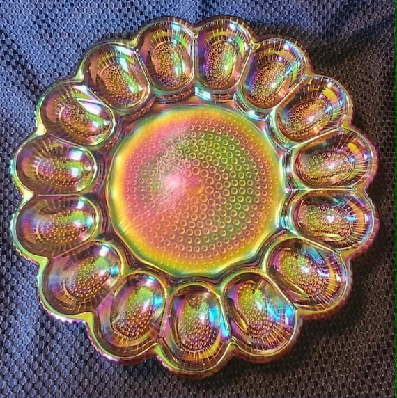 Vintage Antique Iridescent Gold Carnival Glass Hobnob Deviled Egg