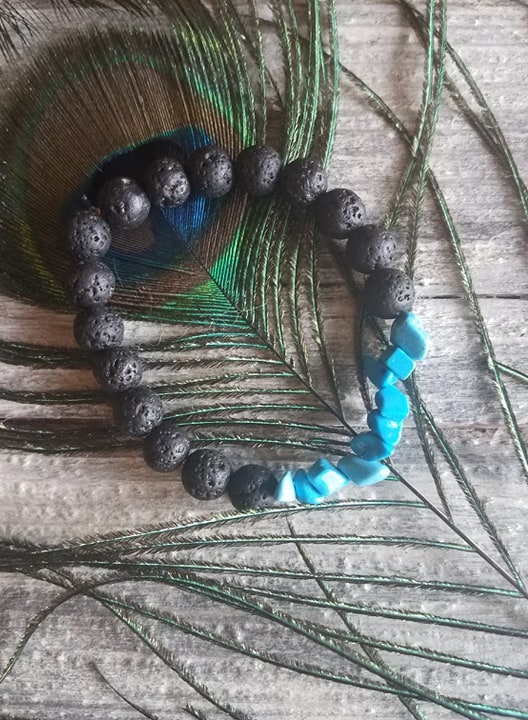 Black Lava Stone With Turquoise Rock Chips Bracelet for Essential Oils ...