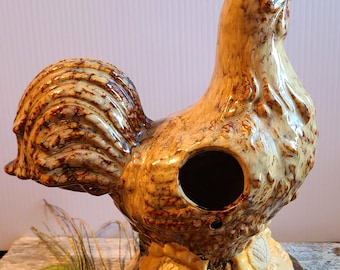 Gallo de cerámica vintage salpicado de agujeros y girasoles - Casita para pájaros