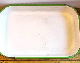 Vintage Antique Cream Enamelware Baking Pan with Green Trim
