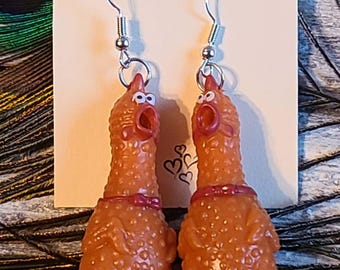 Orange Squawking Screaming Rubber Chicken Earrings - dangle