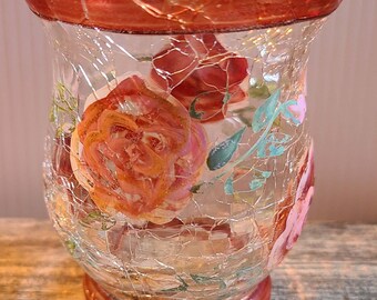 Crackle Glass Candle Holder - Pink Trim & Roses