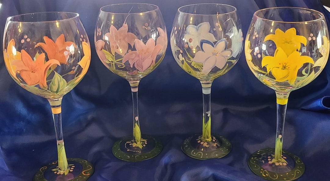 Hand Painted Flower Wine Glasses Set of 4 Large Etsy