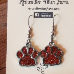 Red Sparkly Paw Print Earrings fish hook dangle style