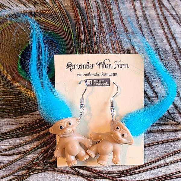 Troll Doll Dangle Earrings - blue hair