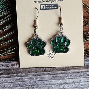 GREEN Sparkly Paw Print Earrings fish hook dangle style