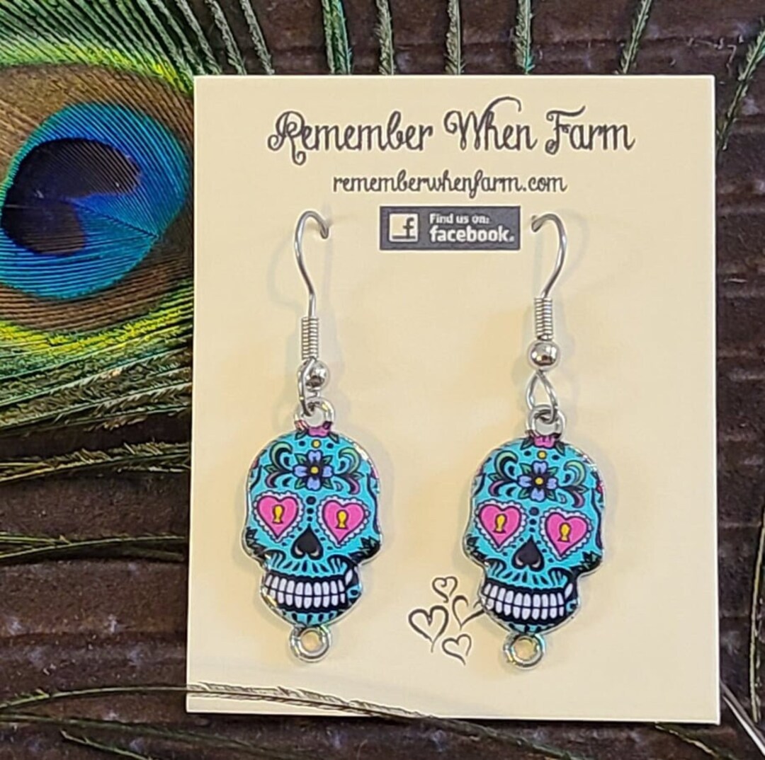 Day of the Dead Sugar Skull Earrings Fish Hook Dangle Style Silver - Etsy