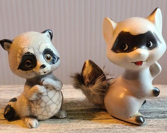 Vintage Tiny Set of 2 Little Raccoon Figurines - One crackle Finish - One fur on tail