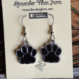 BLACK Sparkly Paw Print Earrings fish hook dangle style