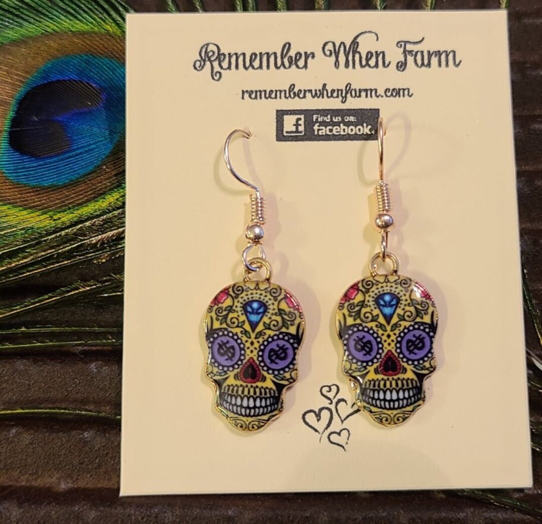Day of the Dead Sugar Skull Earrings Fish Hook Dangle Style Gold - Etsy