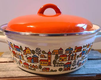 Vintage Enamelware Stock Pot Orange Country Village - San Ignacio enamel ware