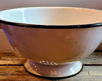 Vintage White and Black Enamelware enamel ware Strainer Colander
