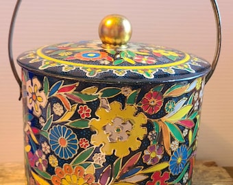 Vintage Dahler Tin Bucket - Embossed Black with Floral Design & Handle