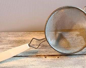 Antique Vintage  Steel Mesh Basket Strainer with White Handle