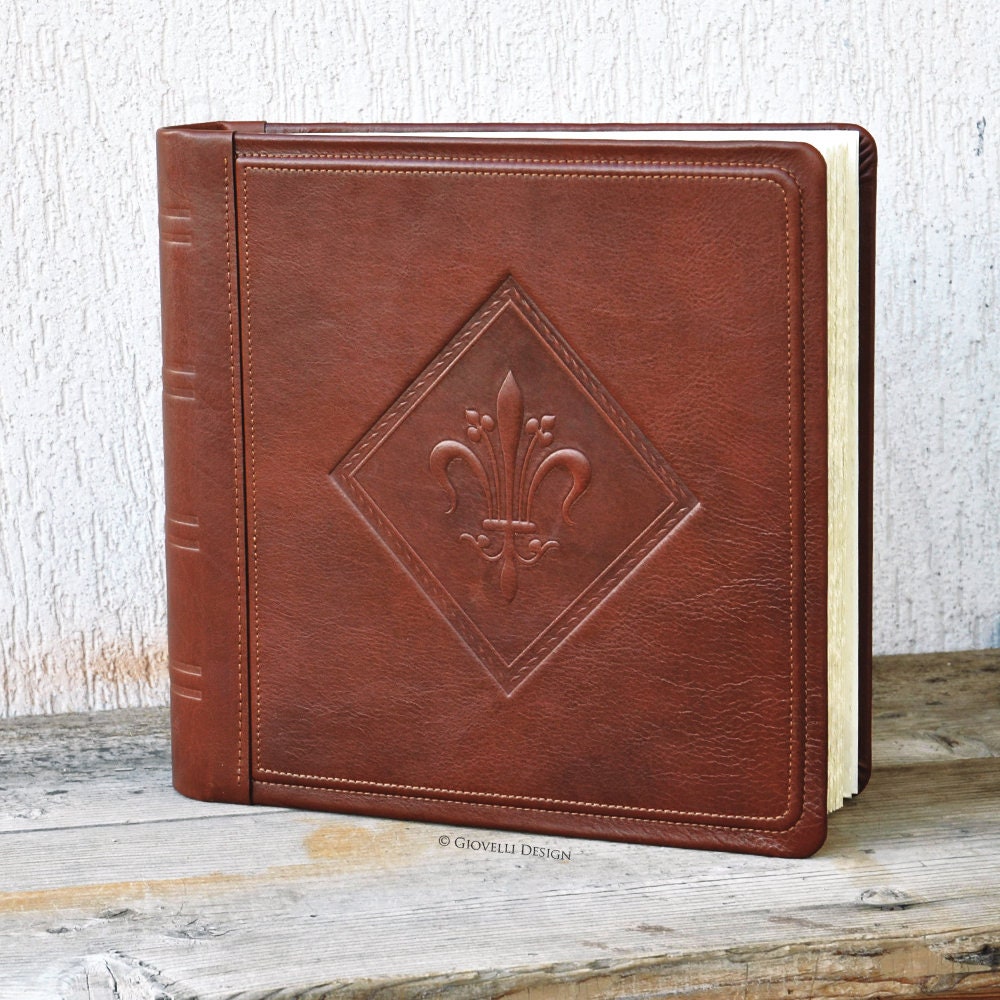 Leather Scrapbook Album with Hot Stamped Lily, Traditional Italian Handmade Photo Album