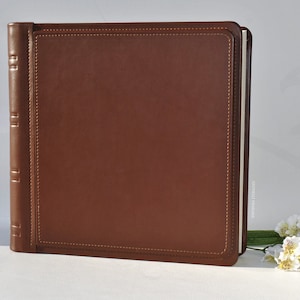 Leather Photo Album with Embossed Personalization - Square Brown Wedding Scrapbook