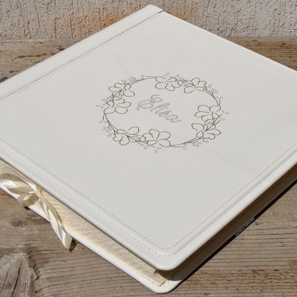 Personalizable Top Grain Leather Scrapbook - Square White Wedding Album with a Beautiful Wreath