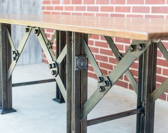 Industrial Design Railroad Trestle Table, vintage industrial steel. TABLE BASE ONLY.